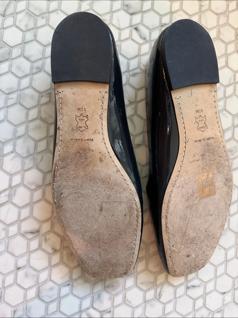 Tory Burch Navy Patent Logo Square-Toe Flats